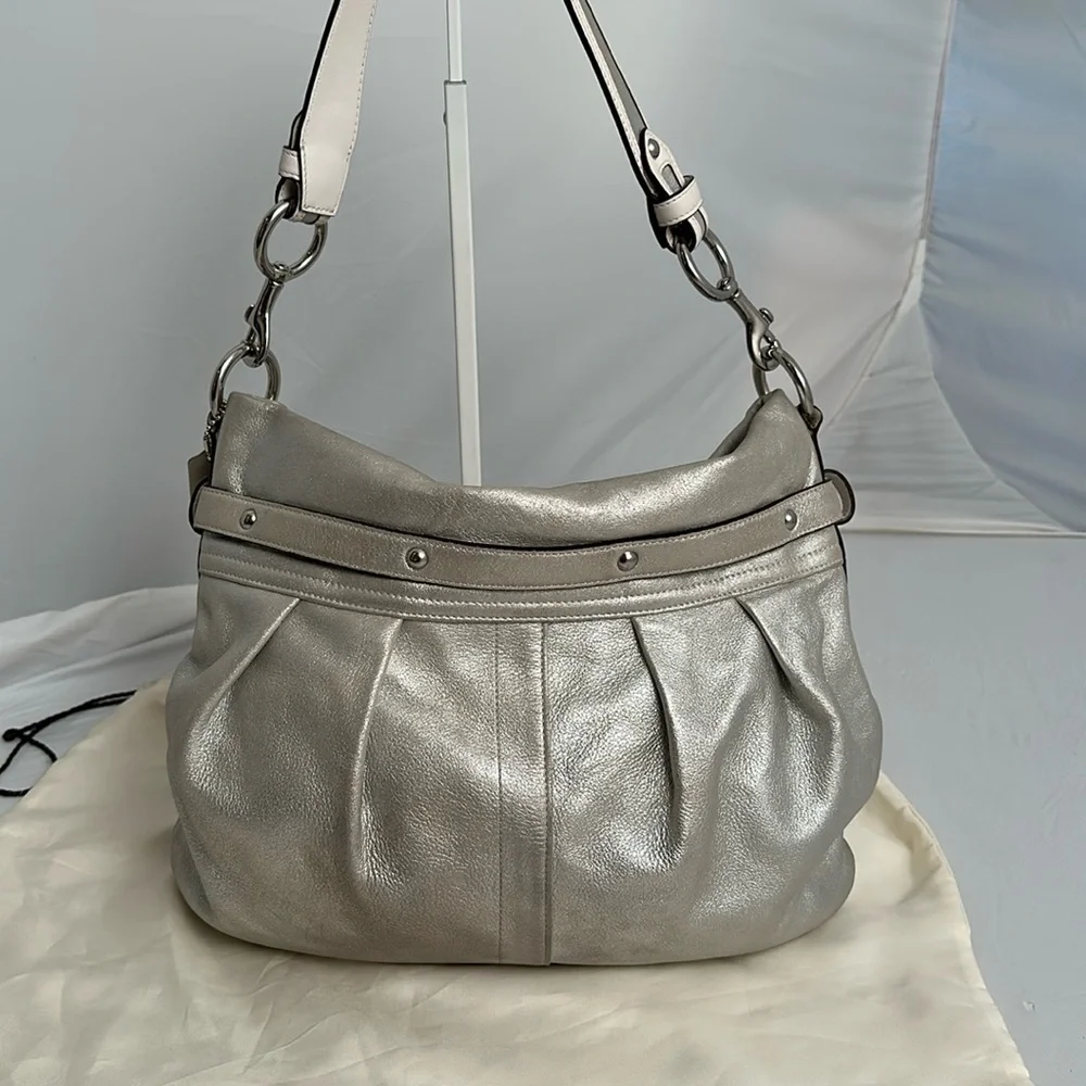 Coach silver metallic soft goat suede leather hobo bag with nickel hardware